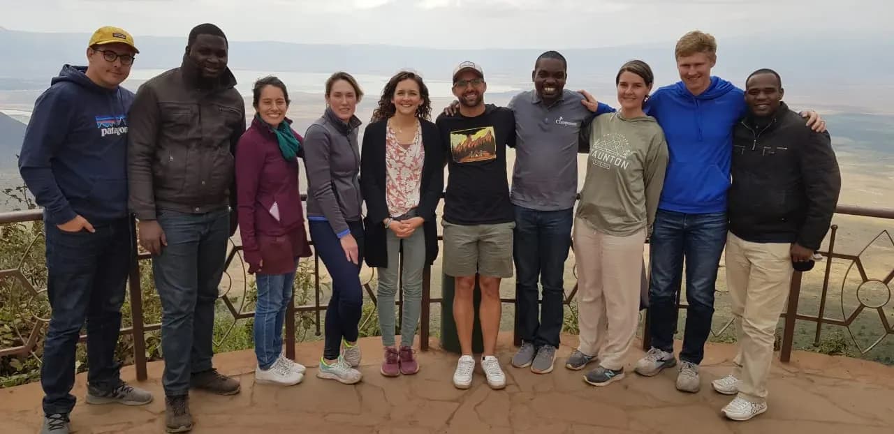 Travellers and their Maguca guides at the rim of the Ngorongoro Crater.