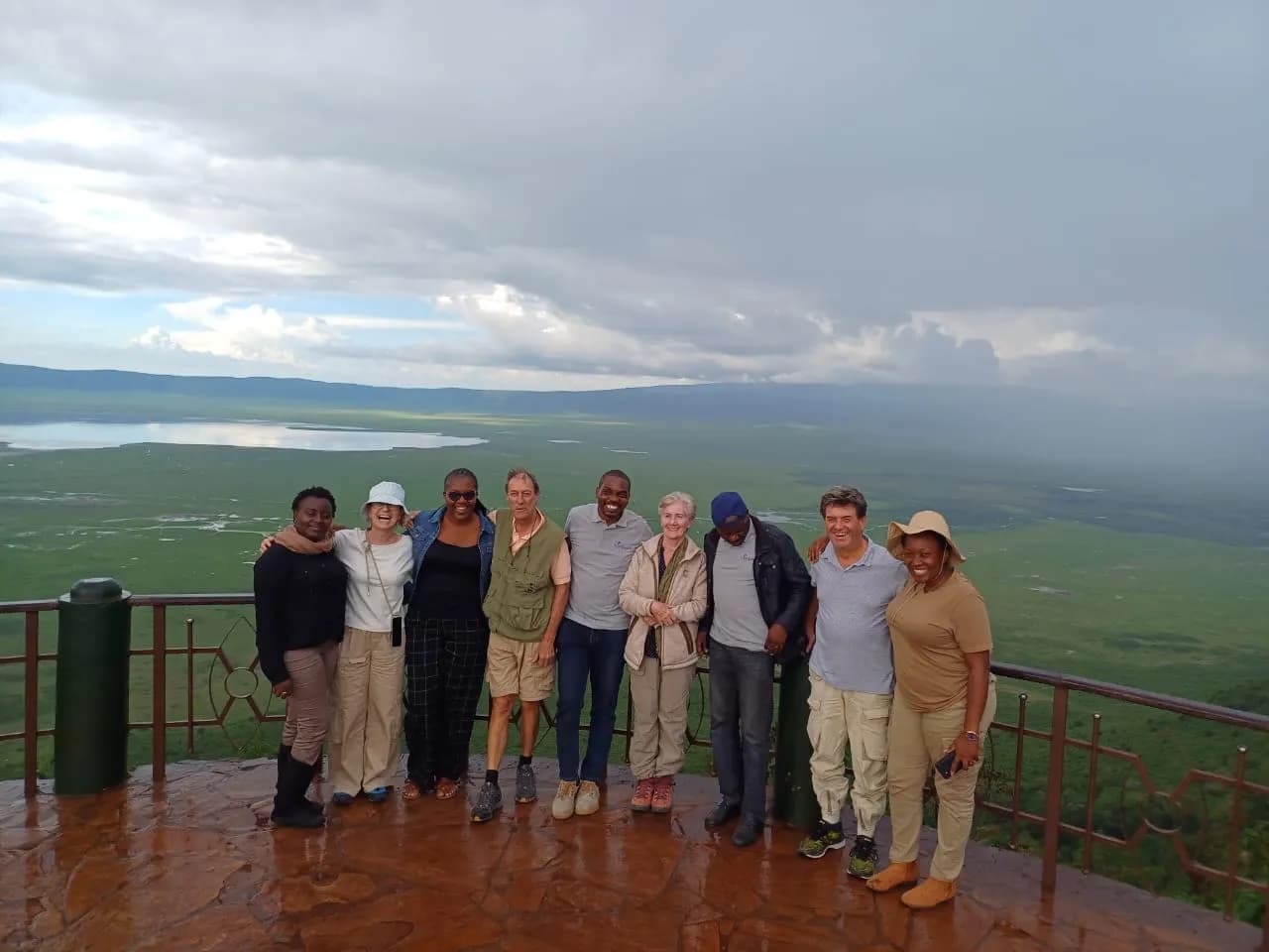 A Maguca group at a viewpoint over the Ngorongoro Crater.